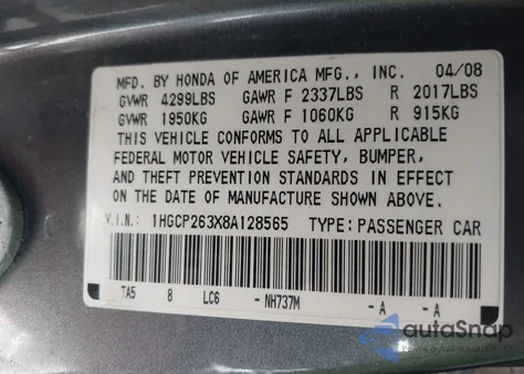 2008 Honda Accord 2.4 Lx z USA, uszkodzony, nr VIN 1HGCP263X8A128565